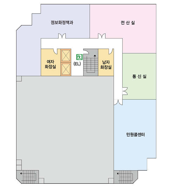 7F / 중앙엘리베이터 중심으로 양쪽에 여자화장실과 남자화장실, 시계방향으로 정보화정책과, 전산실, 통신실, 민원콜센터가 위치해있다.