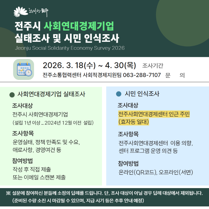 전주시 사회연대경제기업 실태조사 및 시민(효자동 일대) 인식조사 참여 안내