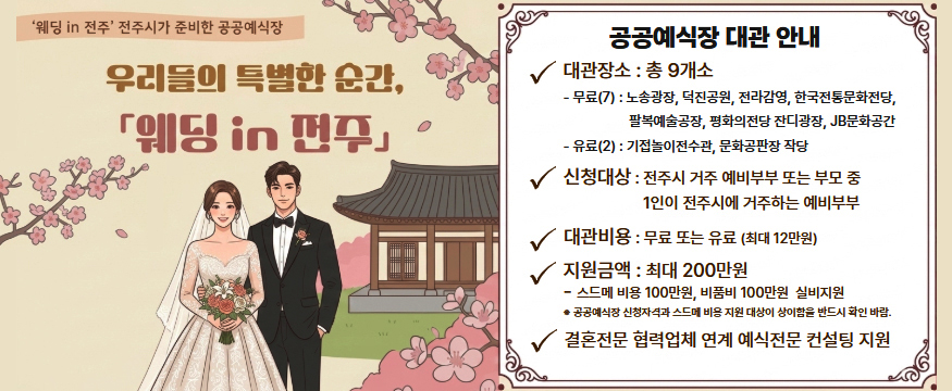 웨딩in전주 전주시가 준비한 공공예식장
우리들의 특별한 순간, 웨딩 in 전주
공공예식장 대관 안내
대관장소: 총 9개
신청대상: 전주시 거주 예비부부 또는 부모 중 1인이 전주시에 거주하는 예비부부
대관비용: 무료 또는 유료 (최대 12만원)
지원금액: 최대 200만원
-스드메 비용 100만원, 비품비 100만원 실비지원
결혼전문 협력업체 연계 예식전문 컨설팅 지원