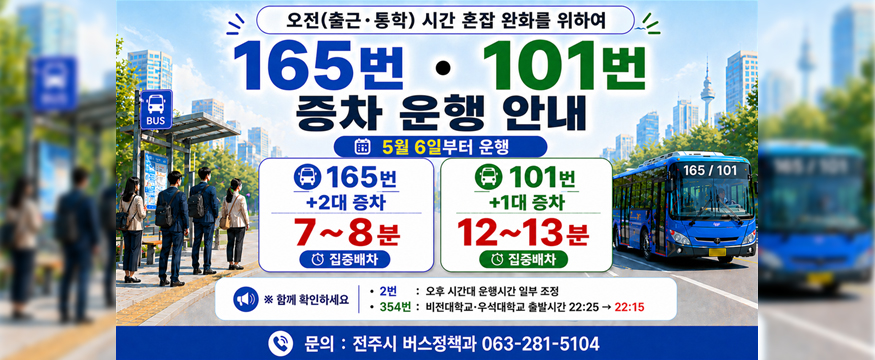 오전(출근통학) 시간 혼잡 완화를 위하여
162번 101번 증차 운행 안내
5월 6일부터 운행
165번 +2대증차 7~8분 집중배차
101번 +1대증차 12~13분 집중배차
함께 확인하세요
2번: 오후 시간대 운행시간 일부 조정
354번: 비전대학교 우석대학교 출발시간 22:25→22:15
문의 : 전주시 버스정책과 063-281-5104