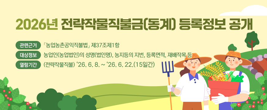 2026년 전략작물직불금(동계) 등록정보 공개
관련근거 : 「농업농촌공익직불법」 제37조제1항
대상정보 : 농업인(농업법인)의 성명(법인명), 농지등의 지번, 등록면적, 재배작목 등
열람기간 : (전략작물직불) '26. 6. 8. ~ '26. 6. 22.(15일간)