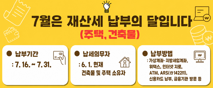 7월은 재산세 납부의 달입니다(주택, 건축물)
납부기간 : 7.16 ~ 7.31
납세의무자 : 6.1. 현재 건축물 및 주택 소유자
납부방법 : 가상계좌,지방세입계좌,위택스,인터넷 지로, ATM, ARS(142211), 신용카드납부, 금융기관 방문 등
