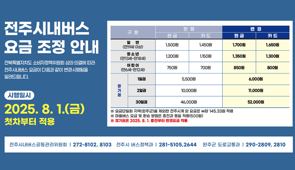 전주시내버스 요금 조정 안내